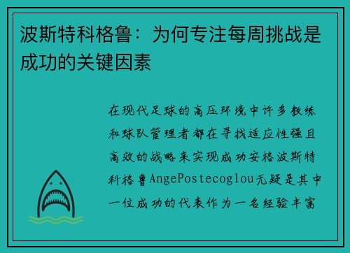 波斯特科格鲁：为何专注每周挑战是成功的关键因素